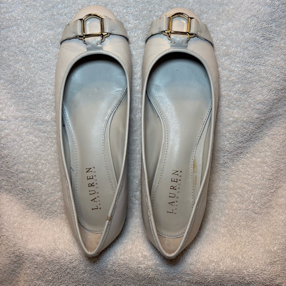 Lauren Ralph Lauren Cream/Bone Colored Leather Flats, Size 7B